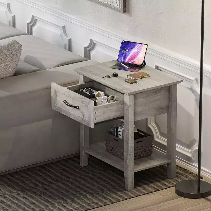 Garvee Nightstands Set of 2, Industrial Side/End Tables with Drawer and Storage Shelf, Night Stands for Bedroom, Living Room, 2 Pack, Grey