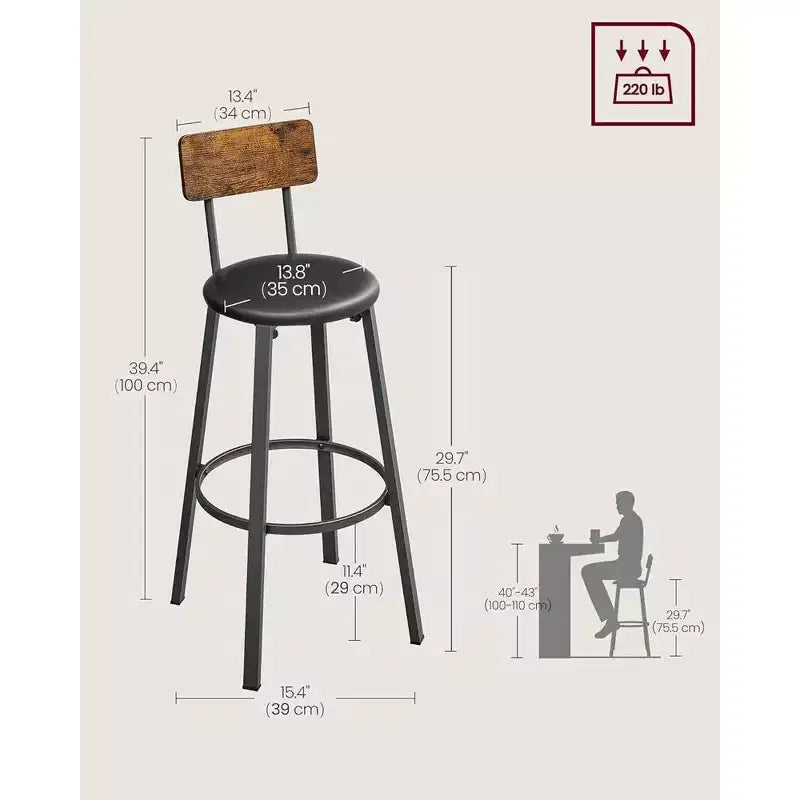 VASAGLE Bar Stools, Set of 2 PU Upholstered Breakfast Stools, 29.7 Inches Barstools with Back and Footrest, for Dining Room Kitchen Counter Bar