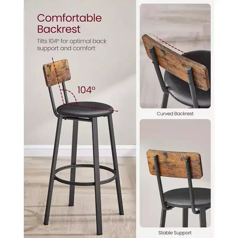 VASAGLE Bar Stools, Set of 2 PU Upholstered Breakfast Stools, 29.7 Inches Barstools with Back and Footrest, for Dining Room Kitchen Counter Bar