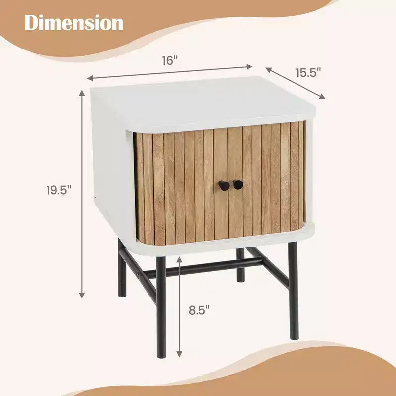 Table de chevet Costway avec porte coulissante, table d'appoint de rangement moderne du milieu du siècle avec armoire Noir/Blanc vieilli