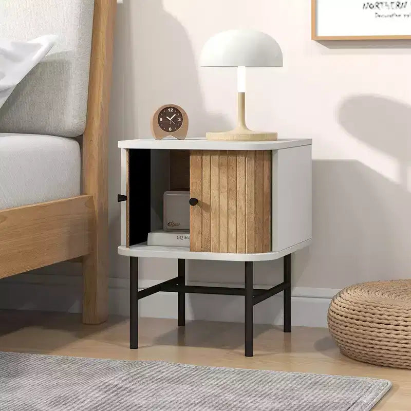 Table de chevet Costway avec porte coulissante, table d'appoint de rangement moderne du milieu du siècle avec armoire Noir/Blanc vieilli