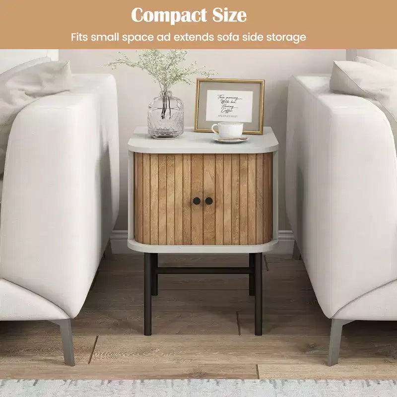 Table de chevet Costway avec porte coulissante, table d'appoint de rangement moderne du milieu du siècle avec armoire Noir/Blanc vieilli