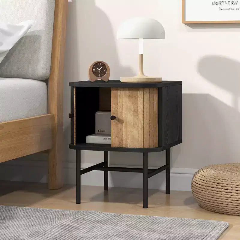 Costway Sliding Door Nightstand Mid-century Modern Storage End Table with Cabinet Black/Distressed White