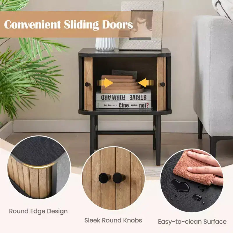 Costway Sliding Door Nightstand Mid-century Modern Storage End Table with Cabinet Black/Distressed White