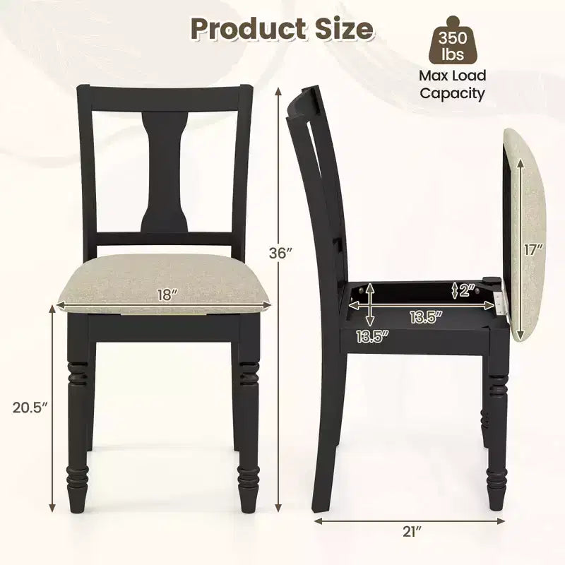 Costway 2 PCS Wood Chair Antique Upholstered Chair with Storage Space Black & Beige/Brown & Light Gray
