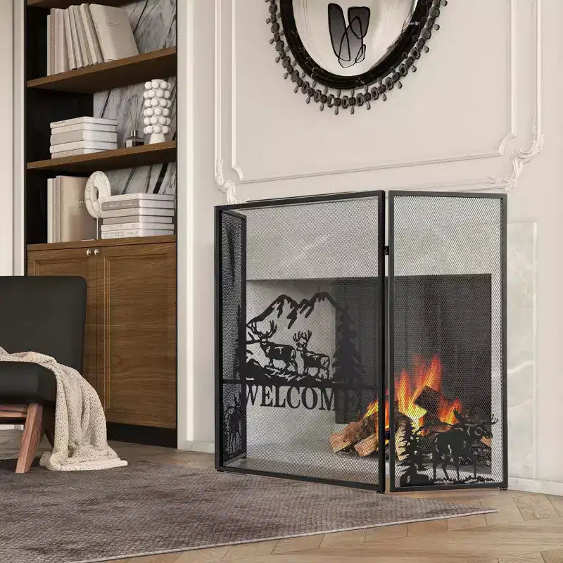 Costway 52 x 31 In Fireplace Screen 3-Panel Spark Guard with Natural Scenery, Moose Pattern
