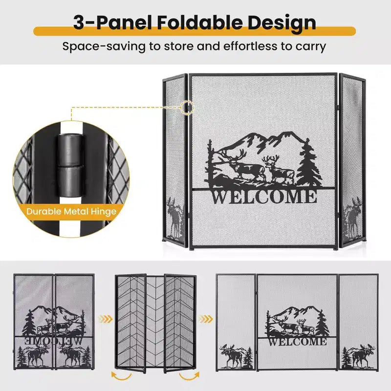 Costway 52 x 31 In Fireplace Screen 3-Panel Spark Guard with Natural Scenery, Moose Pattern
