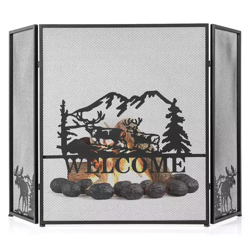 Costway 52 x 31 In Fireplace Screen 3-Panel Spark Guard with Natural Scenery, Moose Pattern