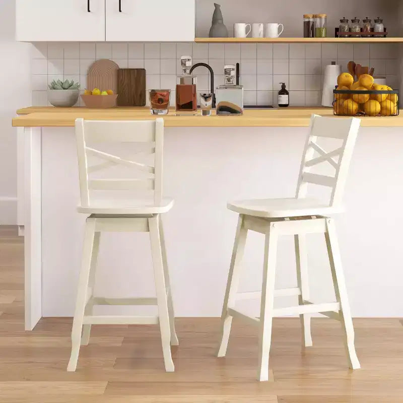 Costway 2 PCS 24/30 Counter/Bar Height Stool Rubber Wood Swivel Bar Stool with Inclined Backrest Cream