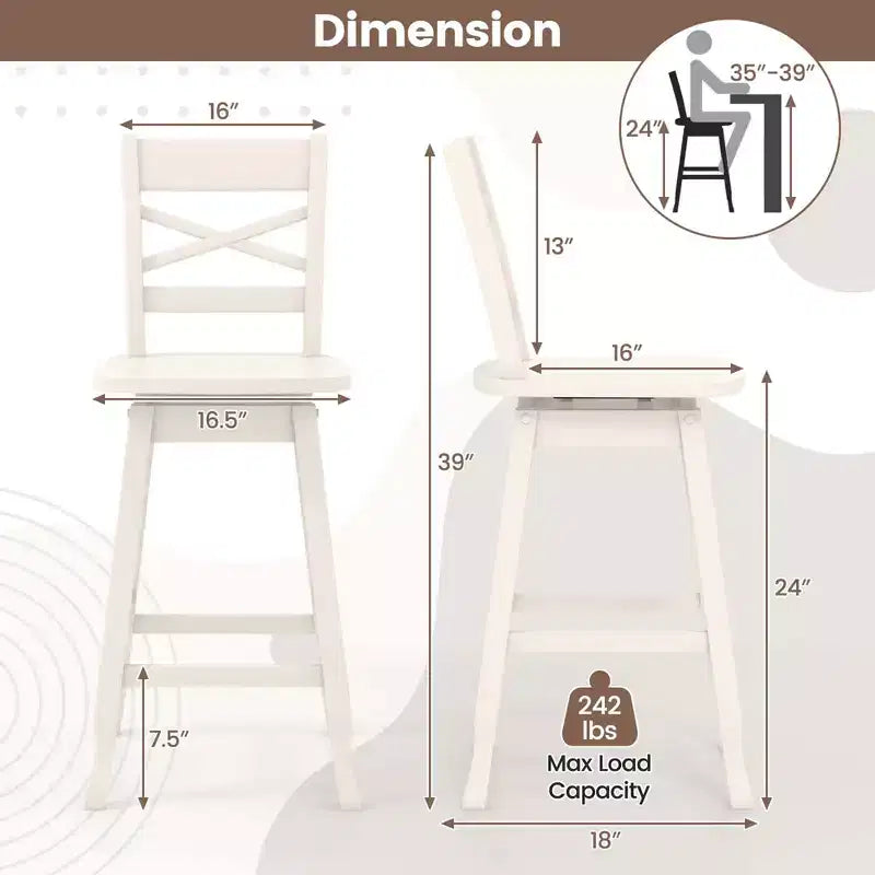 Costway 2 PCS 24/30 Counter/Bar Height Stool Rubber Wood Swivel Bar Stool with Inclined Backrest Cream