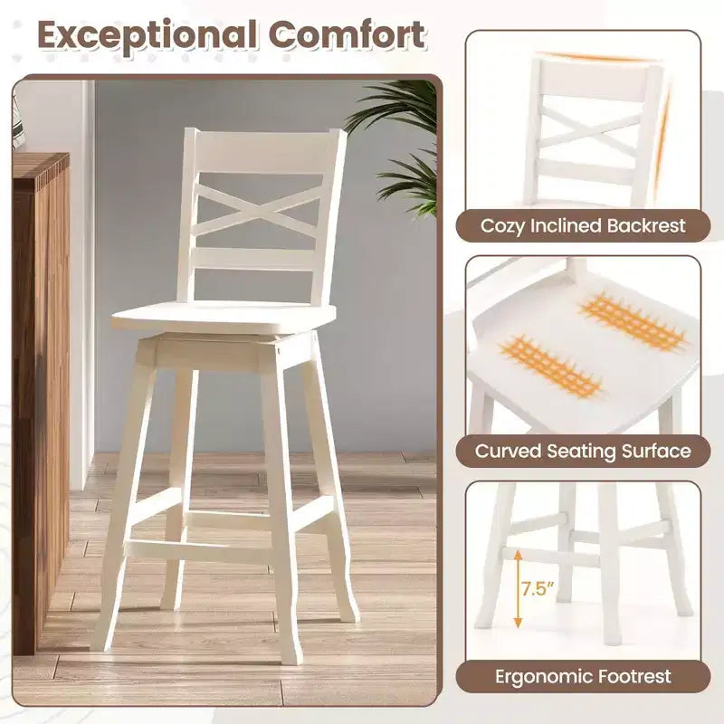 Costway 2 PCS 24/30 Counter/Bar Height Stool Rubber Wood Swivel Bar Stool with Inclined Backrest Cream