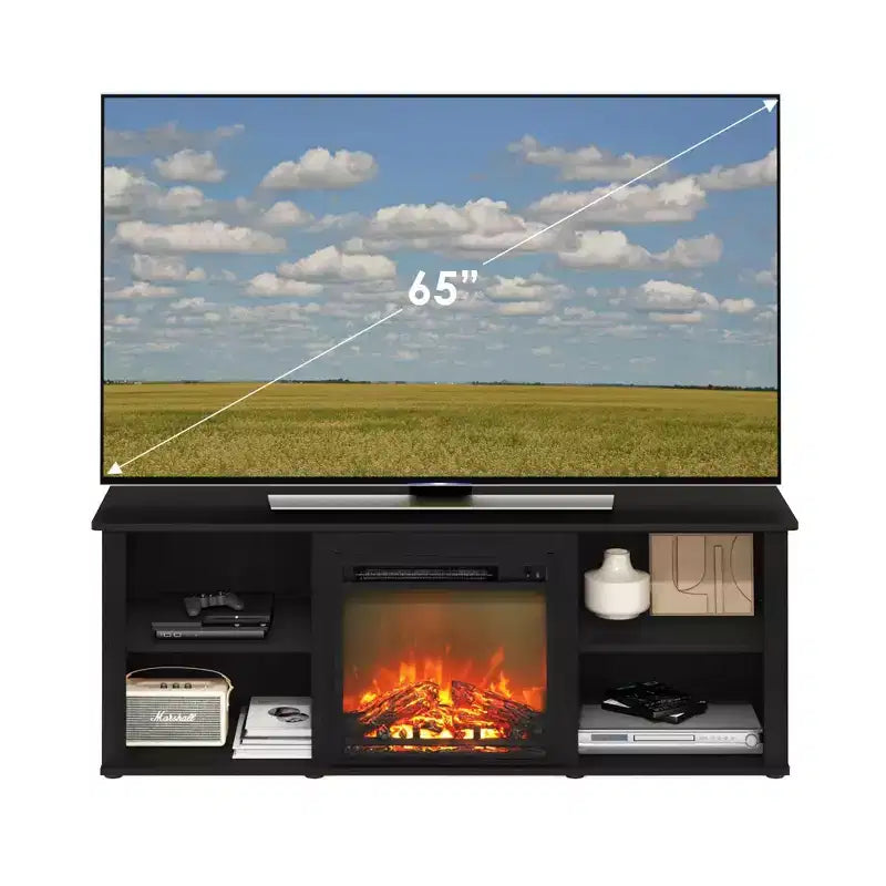 Meuble TV classique avec cheminée électrique 18" pour TV jusqu'à 60", couleur Americano