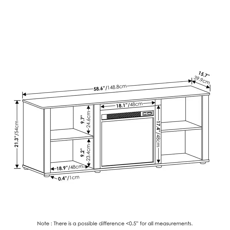 Meuble TV classique avec cheminée électrique 18" pour TV jusqu'à 60", couleur Americano