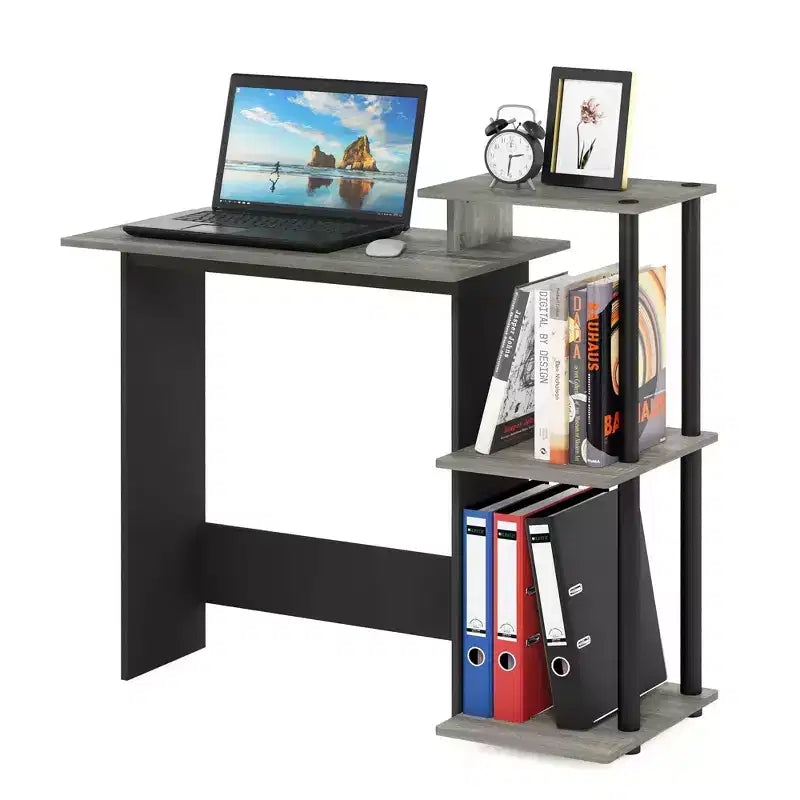 Bureau informatique moderne Table d'écriture pour bureau à domicile Poste de travail pour ordinateur portable avec support CPU et étagère de rangement ouverte, Chêne Gris/Noir