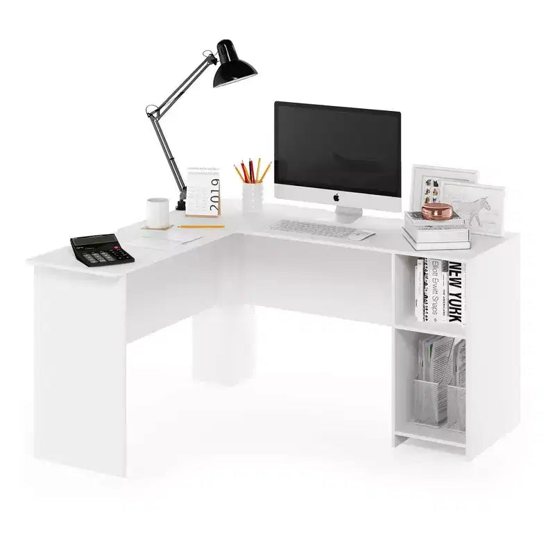 Furinno L-Shaped Computer Desk Study Gaming Table Corner Workstation with Open Bookshelves,White
