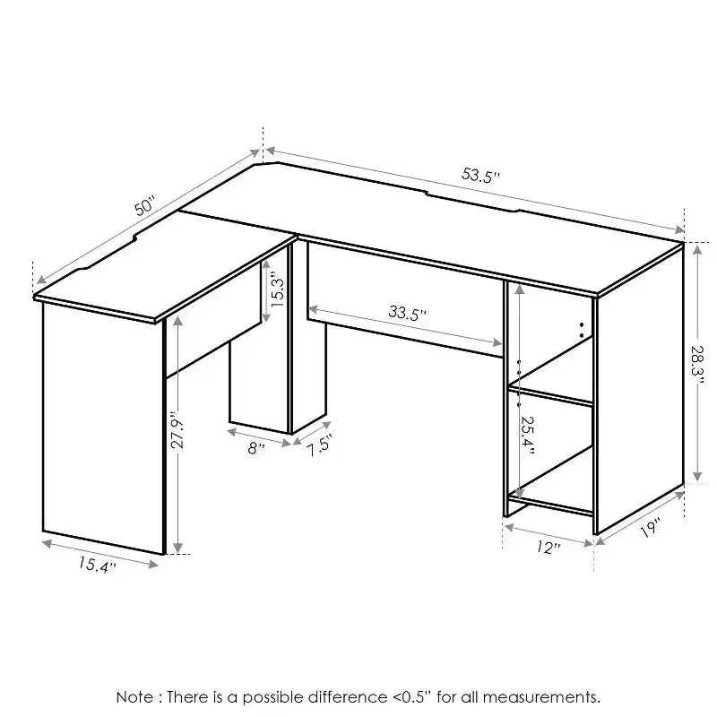 Furinno L-Shaped Computer Desk Study Gaming Table Corner Workstation with Open Bookshelves,White
