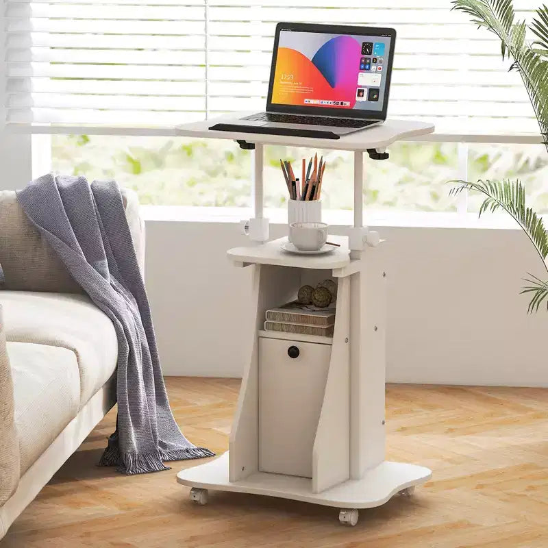 Costway Mobile Podium Stand Office Laptop Cart with Storage Adjustable Height White/Black