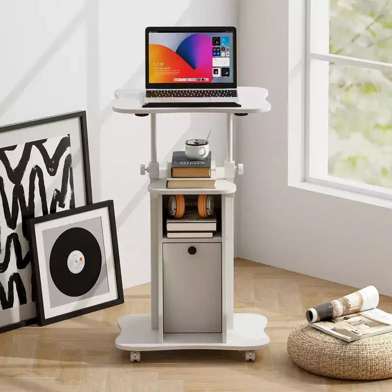 Costway Mobile Podium Stand Office Laptop Cart with Storage Adjustable Height White/Black