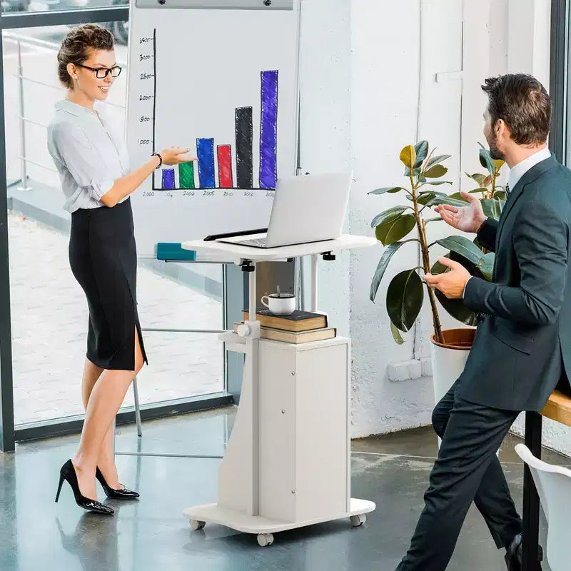 Costway Mobile Podium Stand Office Laptop Cart with Storage Adjustable Height White/Black