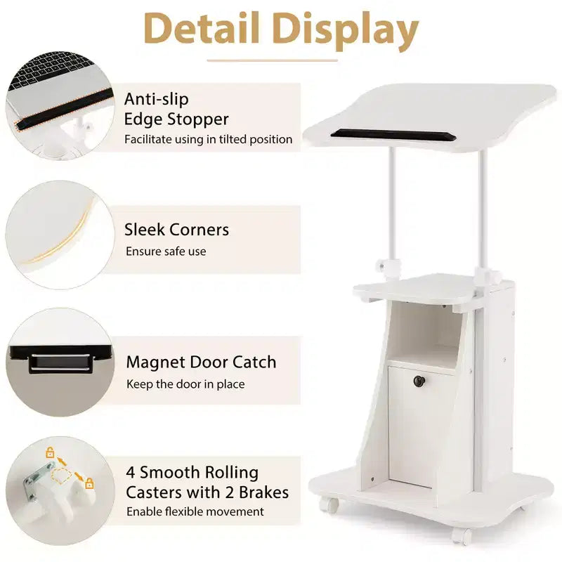 Costway Mobile Podium Stand Office Laptop Cart with Storage Adjustable Height White/Black