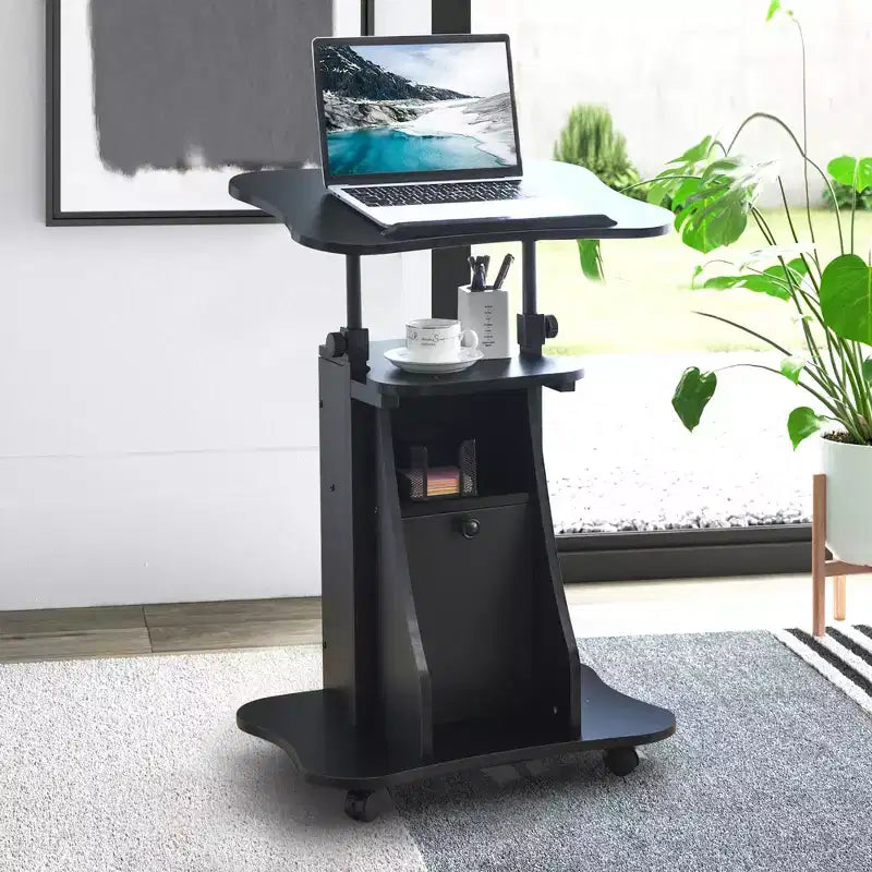 Costway Mobile Podium Stand Office Laptop Cart with Storage Adjustable Height White/Black