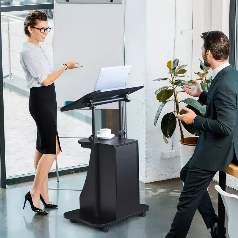 Costway Mobile Podium Stand Office Laptop Cart with Storage Adjustable Height White/Black