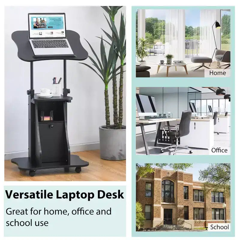 Costway Mobile Podium Stand Office Laptop Cart with Storage Adjustable Height White/Black