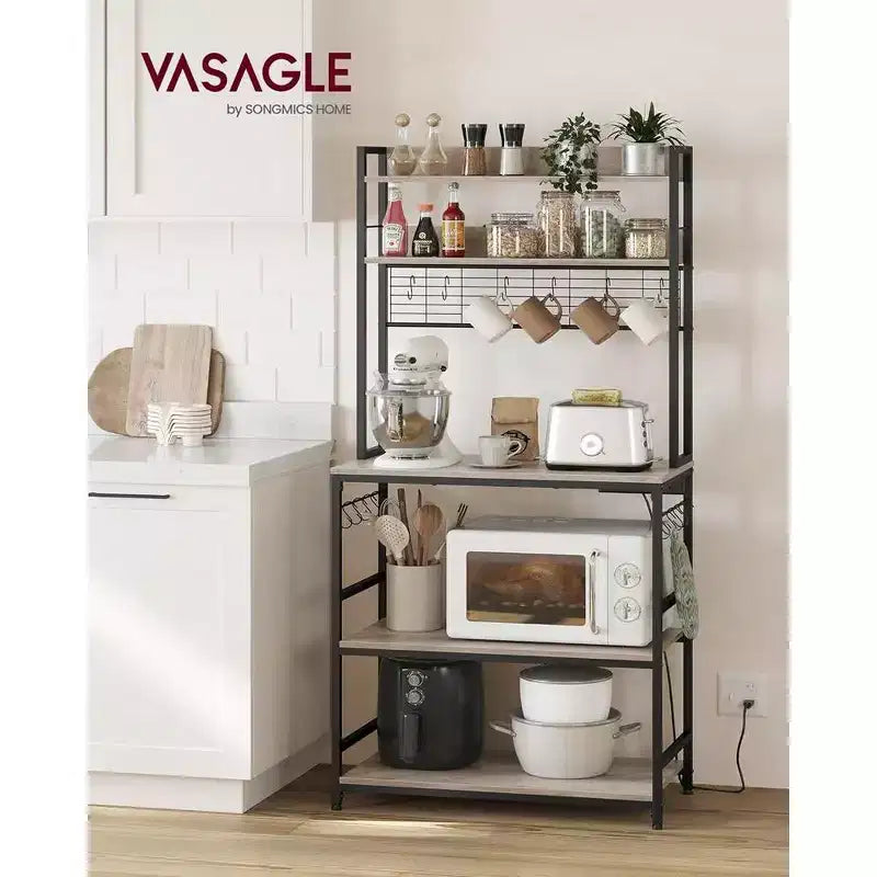 VASAGLE Hutch Bakers Rack with Power Outlet, 14 Hooks Microwave Stand, Adjustable Coffee Bar with Metal Wire Panel, Kitchen Storage Shelf