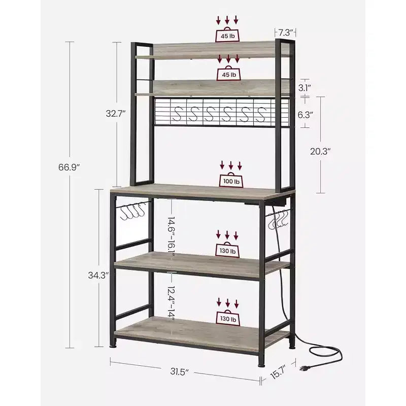 VASAGLE Hutch Bakers Rack with Power Outlet, 14 Hooks Microwave Stand, Adjustable Coffee Bar with Metal Wire Panel, Kitchen Storage Shelf
