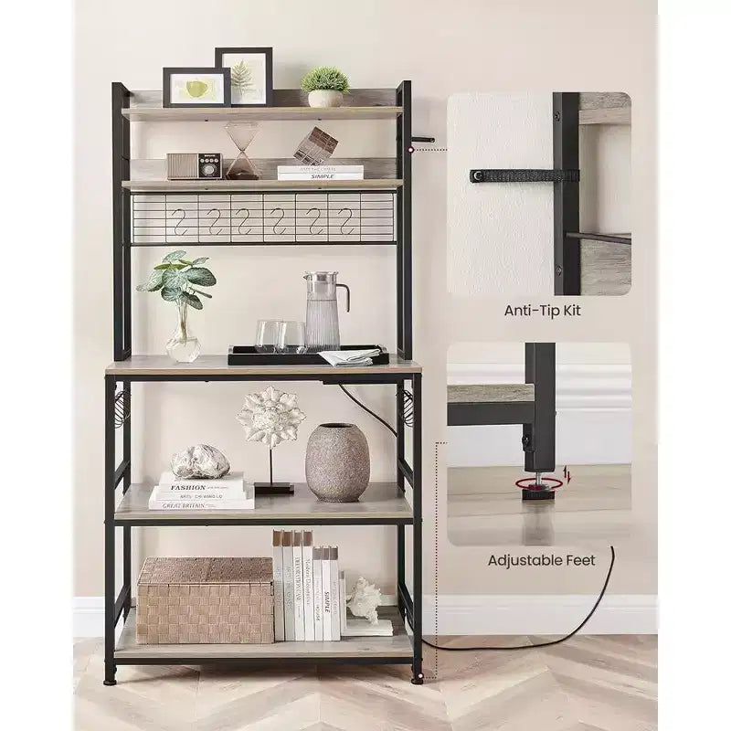 VASAGLE Hutch Bakers Rack with Power Outlet, 14 Hooks Microwave Stand, Adjustable Coffee Bar with Metal Wire Panel, Kitchen Storage Shelf