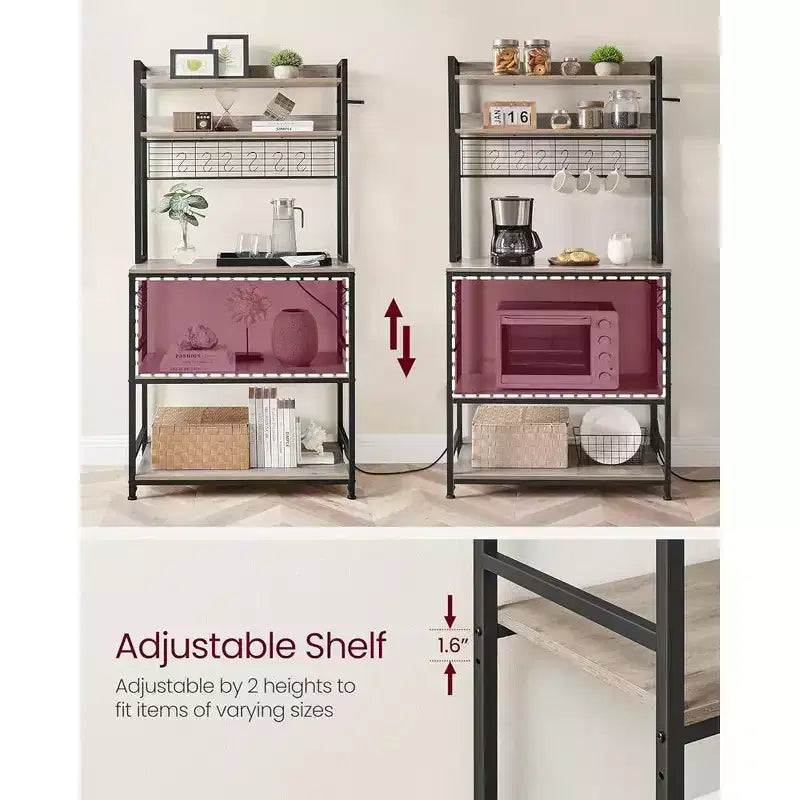 VASAGLE Hutch Bakers Rack with Power Outlet, 14 Hooks Microwave Stand, Adjustable Coffee Bar with Metal Wire Panel, Kitchen Storage Shelf