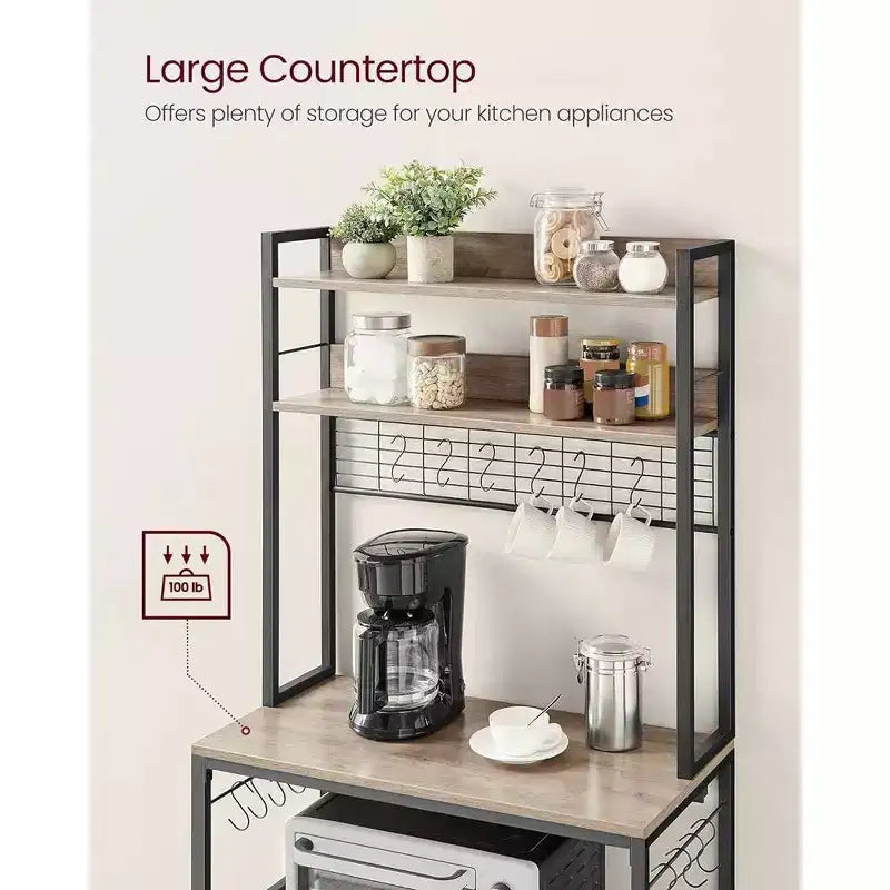 VASAGLE Hutch Bakers Rack with Power Outlet, 14 Hooks Microwave Stand, Adjustable Coffee Bar with Metal Wire Panel, Kitchen Storage Shelf