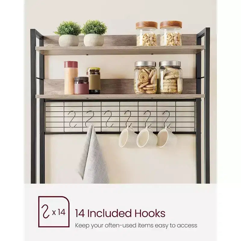 VASAGLE Hutch Bakers Rack with Power Outlet, 14 Hooks Microwave Stand, Adjustable Coffee Bar with Metal Wire Panel, Kitchen Storage Shelf