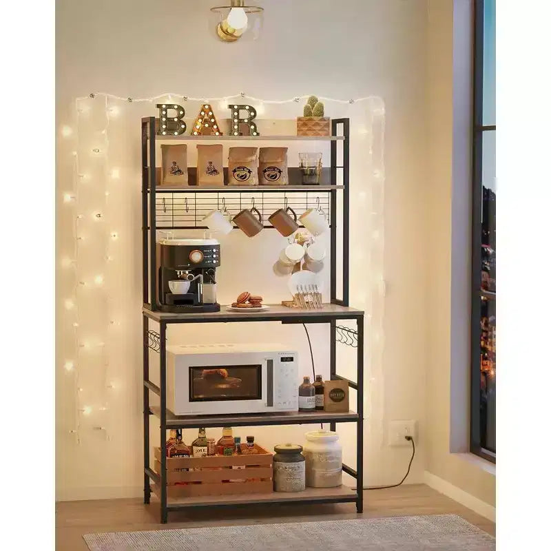 VASAGLE Hutch Bakers Rack with Power Outlet, 14 Hooks Microwave Stand, Adjustable Coffee Bar with Metal Wire Panel, Kitchen Storage Shelf