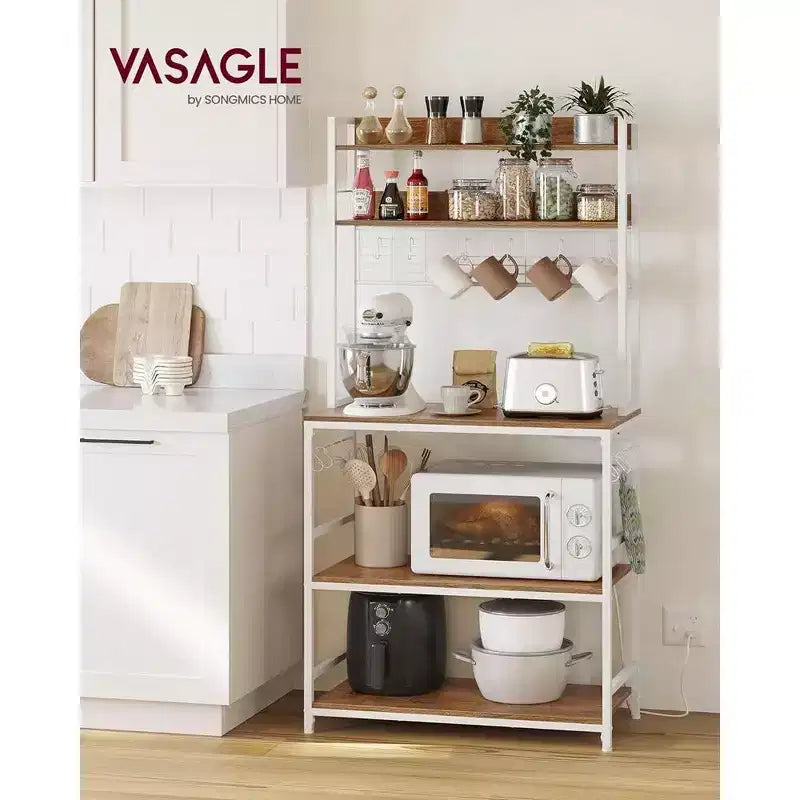 VASAGLE Hutch Bakers Rack with Power Outlet, 14 Hooks Microwave Stand, Adjustable Coffee Bar with Metal Wire Panel, Kitchen Storage Shelf
