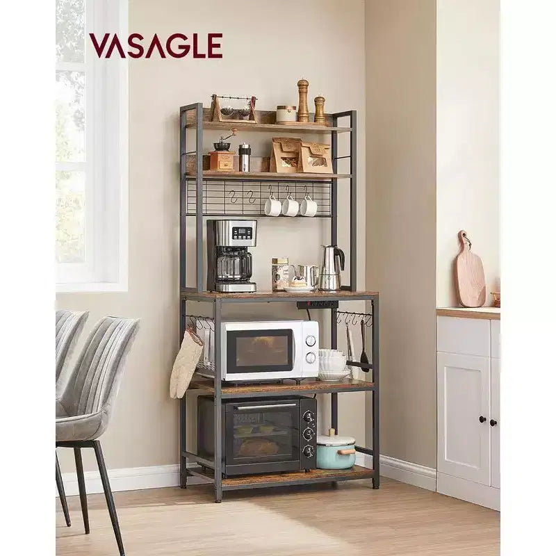 VASAGLE Hutch Bakers Rack with Power Outlet, 14 Hooks Microwave Stand, Adjustable Coffee Bar with Metal Wire Panel, Kitchen Storage Shelf