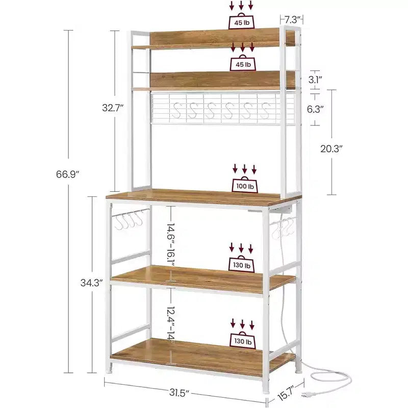 VASAGLE Hutch Bakers Rack with Power Outlet, 14 Hooks Microwave Stand, Adjustable Coffee Bar with Metal Wire Panel, Kitchen Storage Shelf