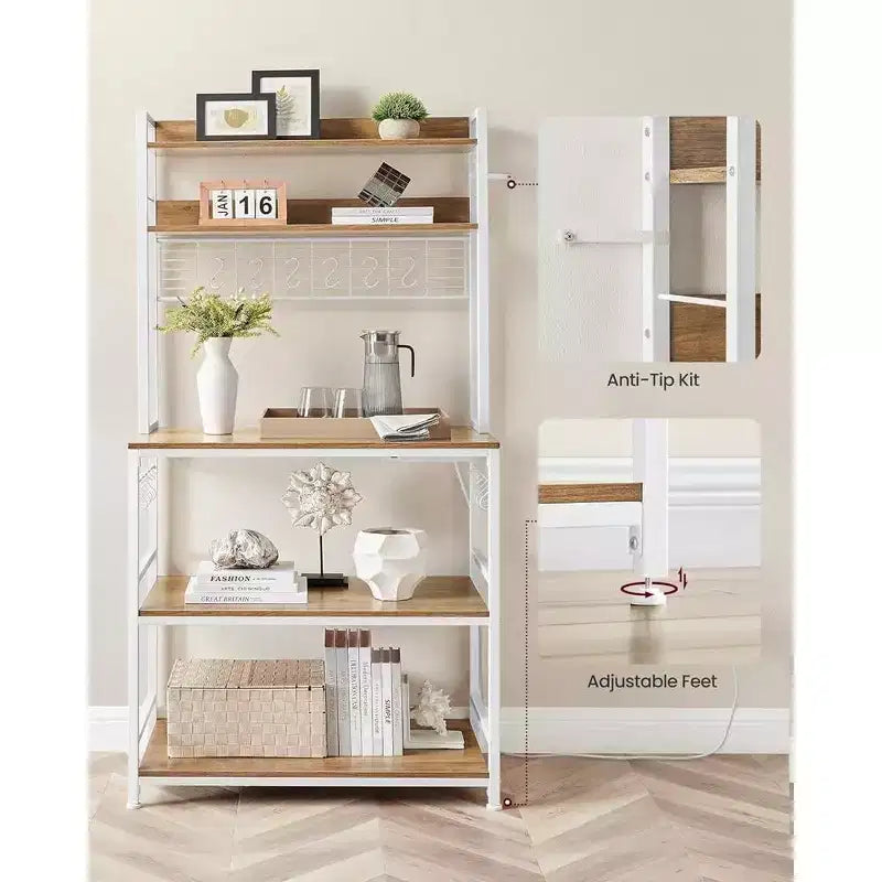 VASAGLE Hutch Bakers Rack with Power Outlet, 14 Hooks Microwave Stand, Adjustable Coffee Bar with Metal Wire Panel, Kitchen Storage Shelf