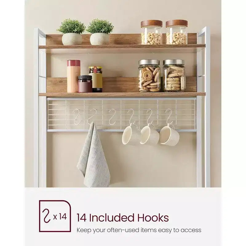 VASAGLE Hutch Bakers Rack with Power Outlet, 14 Hooks Microwave Stand, Adjustable Coffee Bar with Metal Wire Panel, Kitchen Storage Shelf