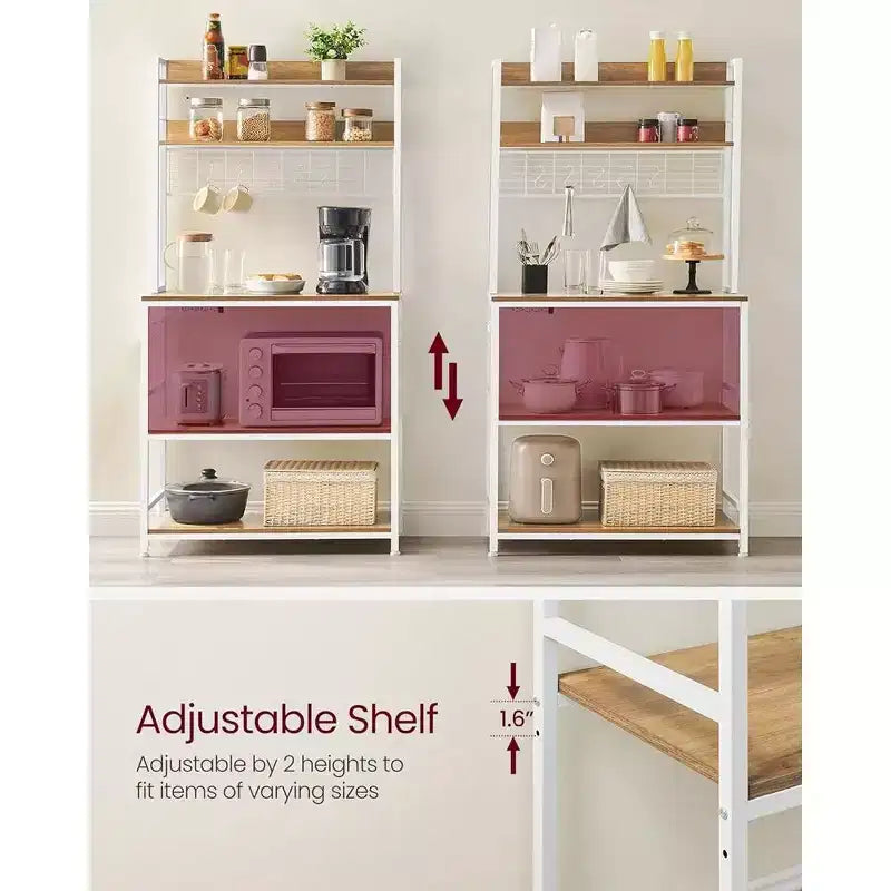 VASAGLE Hutch Bakers Rack with Power Outlet, 14 Hooks Microwave Stand, Adjustable Coffee Bar with Metal Wire Panel, Kitchen Storage Shelf