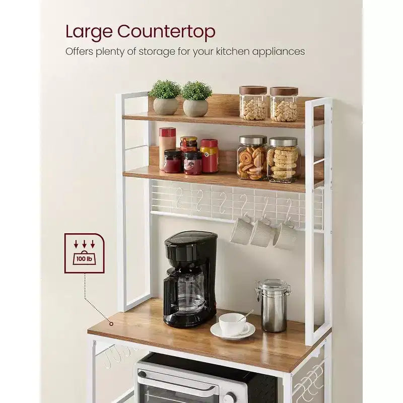 VASAGLE Hutch Bakers Rack with Power Outlet, 14 Hooks Microwave Stand, Adjustable Coffee Bar with Metal Wire Panel, Kitchen Storage Shelf