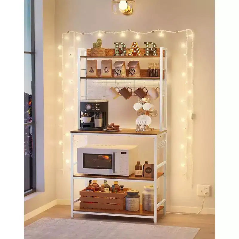 VASAGLE Hutch Bakers Rack with Power Outlet, 14 Hooks Microwave Stand, Adjustable Coffee Bar with Metal Wire Panel, Kitchen Storage Shelf