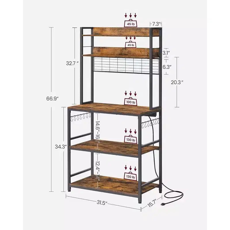 VASAGLE Hutch Bakers Rack with Power Outlet, 14 Hooks Microwave Stand, Adjustable Coffee Bar with Metal Wire Panel, Kitchen Storage Shelf