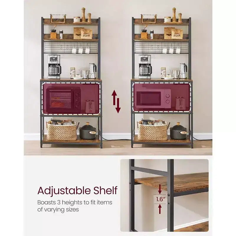 VASAGLE Hutch Bakers Rack with Power Outlet, 14 Hooks Microwave Stand, Adjustable Coffee Bar with Metal Wire Panel, Kitchen Storage Shelf