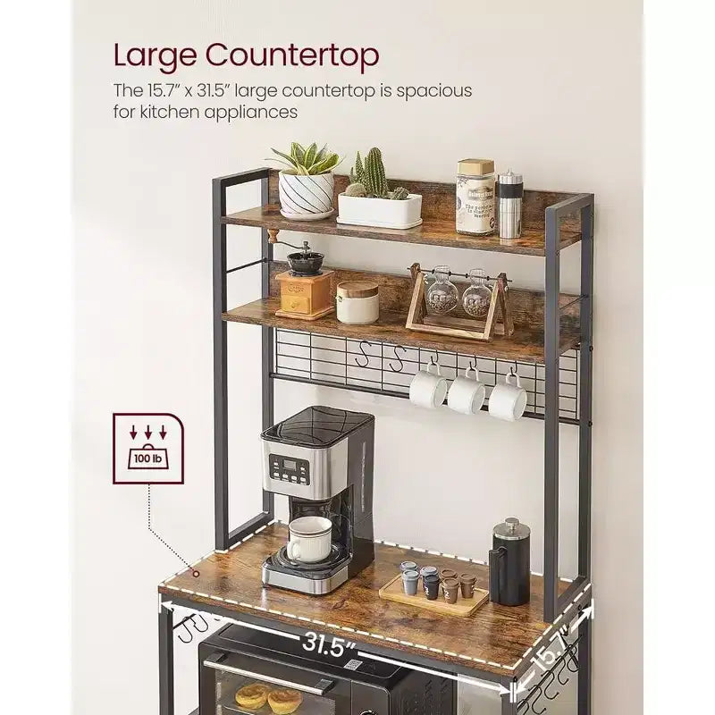 VASAGLE Hutch Bakers Rack with Power Outlet, 14 Hooks Microwave Stand, Adjustable Coffee Bar with Metal Wire Panel, Kitchen Storage Shelf