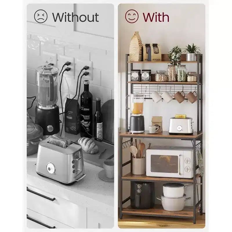 VASAGLE Hutch Bakers Rack with Power Outlet, 14 Hooks Microwave Stand, Adjustable Coffee Bar with Metal Wire Panel, Kitchen Storage Shelf