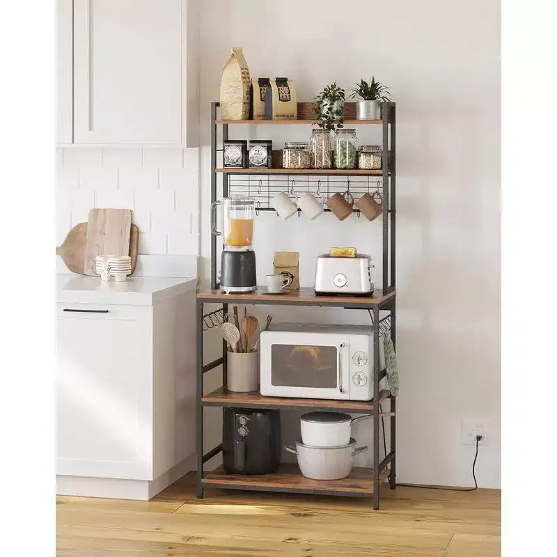 VASAGLE Hutch Bakers Rack with Power Outlet, 14 Hooks Microwave Stand, Adjustable Coffee Bar with Metal Wire Panel, Kitchen Storage Shelf