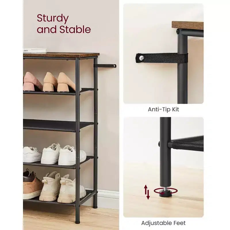 VASAGLE Shoe Rack, 5 Tier Shoe Storage Rack for 20-24 Pairs of Shoes, Shoe Organizer with 4 Fabric Shelves and Wooden Top Rustic Brown and Black