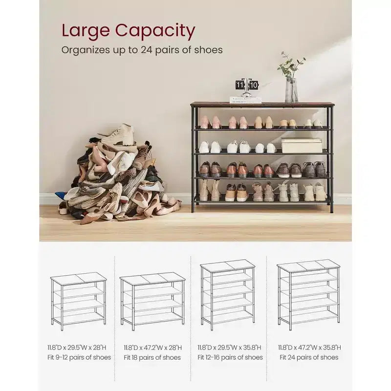 VASAGLE Shoe Rack, 5 Tier Shoe Storage Rack for 20-24 Pairs of Shoes, Shoe Organizer with 4 Fabric Shelves and Wooden Top Rustic Brown and Black