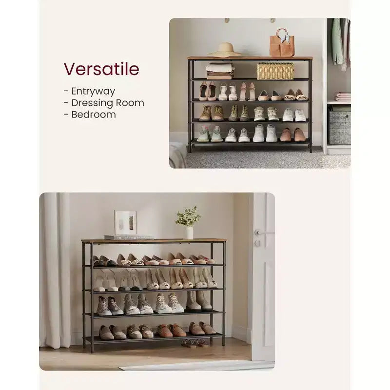 VASAGLE Shoe Rack, 5 Tier Shoe Storage Rack for 20-24 Pairs of Shoes, Shoe Organizer with 4 Fabric Shelves and Wooden Top Rustic Brown and Black